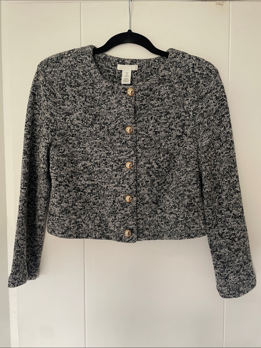H&M Black & White Tweed Cropped Button Cardigan Blazer Jacket